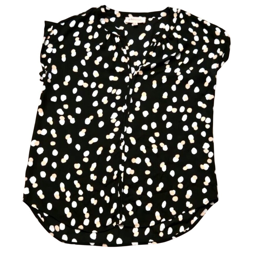 Philosophy Republic Clothing Black Abstract Polka Dot Split Neck Blouse Small